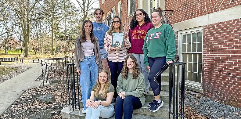 Pictured are, back row clockwise from left, Katie Gruver '26, Luz Peguero '26, Mirta Suquet, assistant professor of Spanish studies; Maso...